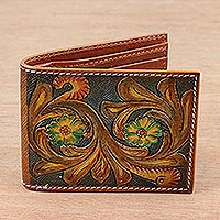 Leather wallet, 'Secret Garden' - Green and Tan Leather Wallet from India