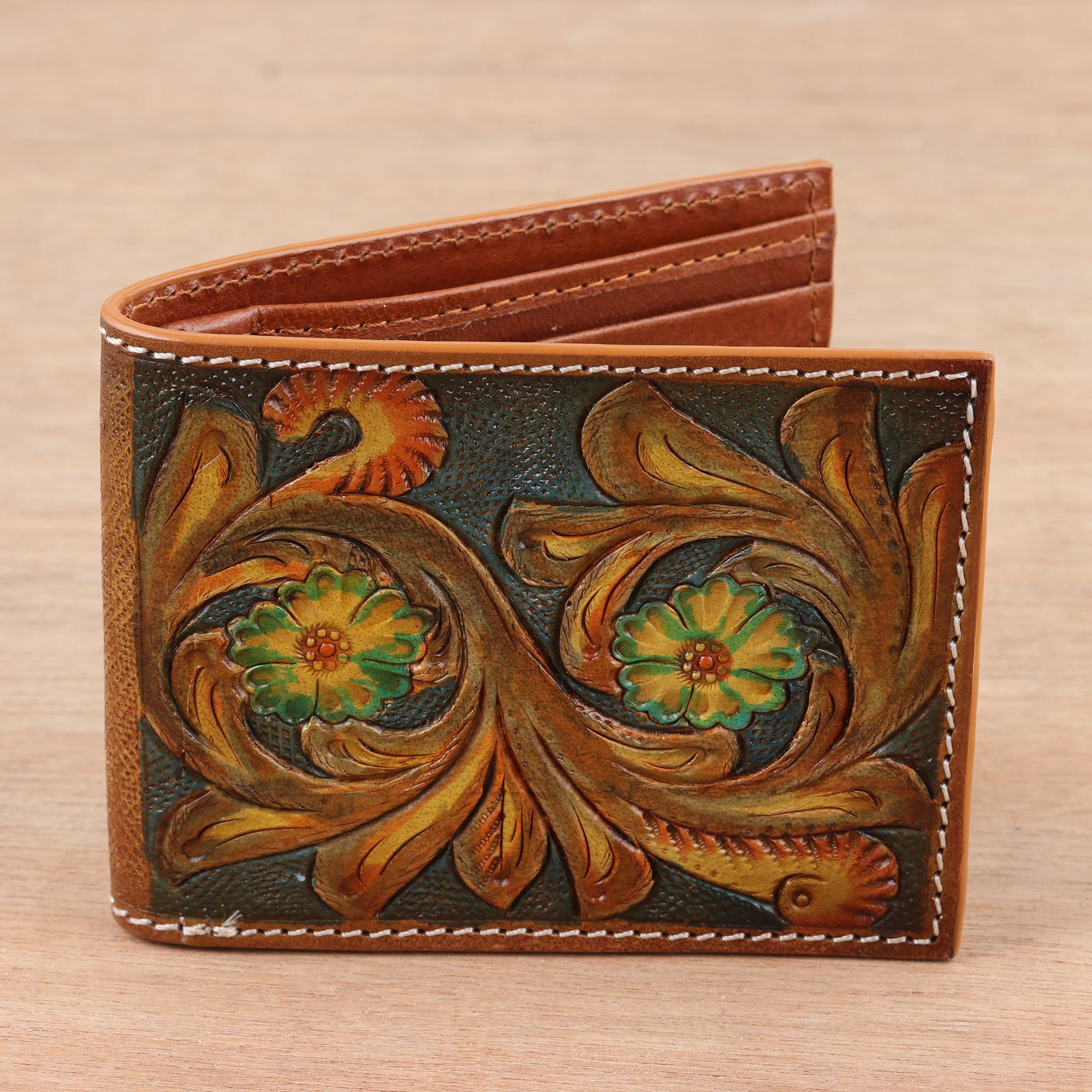Hand painted leather wallet abstract ART multicolor Colorful fun lots of  slots