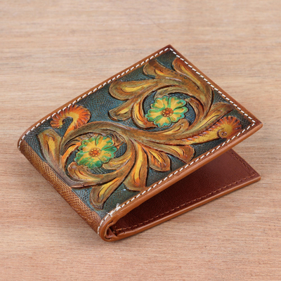 Brieftasche aus Leder, 'Secret Garden' - Grünes und hellbraunes Leder Portemonnaie aus Indien