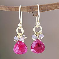 Gold plated quartz and labradorite dangle earrings, 'Brilliant Cluster' - Pink Quartz Earrings with 22k Gold Plated Hooks