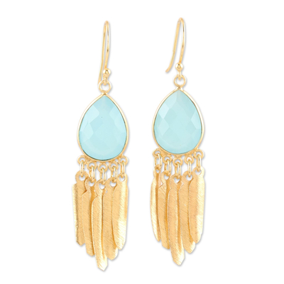 Gold-plated chalcedony dangle earrings, 'Feather's Flight' - Artisan Crafted Chalcedony Gold Plated Earrings
