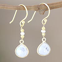 Gold plated rainbow moonstone dangle earrings, 'Catch a Rainbow' - Artisan Crafted Rainbow Moonstone Earrings