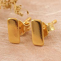 Gold plated stud earrings, 'Bullion' - 22k Gold Plated Bar Stud Earrings
