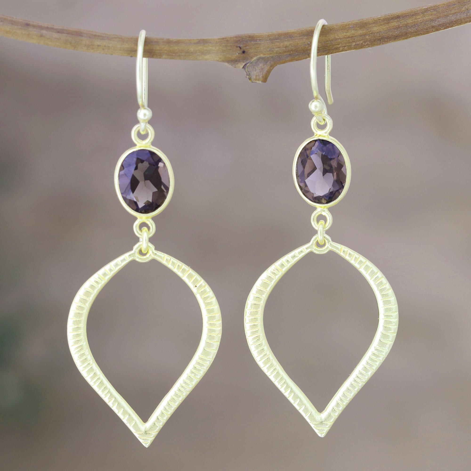 Handcrafted 22k Earrings with Smoky Quartz - Glittering Petal | NOVICA