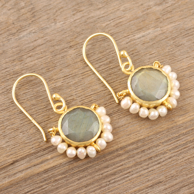 Gold-plated labradorite and cultured pearl dangle earrings, 'Passing Fancy' - Gold-Plated Labradorite and Pearl Dangle Earrings