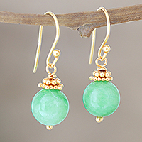 Gold-plated jade dangle earrings, 'Green Orb' - 22k Gold-Plated Beaded Green Jade Dangle Earrings from India