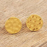 Gold plated sterling silver stud earrings,'Modern Approach' - Hammered Gold Plated Stud Earrings