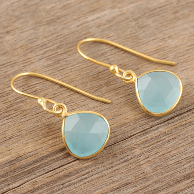Gold-plated chalcedony dangle earrings, 'Cool Pool' - Blue Chalcedony Dangle Earrings
