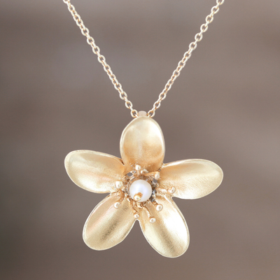 Collar colgante de perlas cultivadas chapado en oro - Collar con colgante de perlas cultivadas con motivos florales