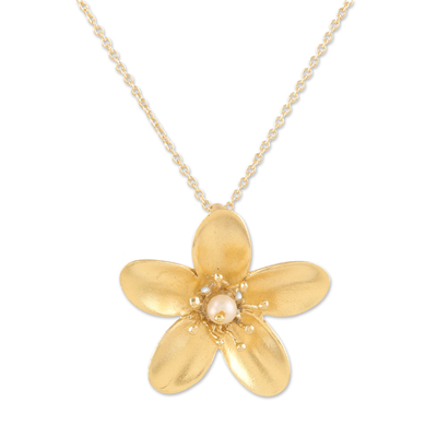 Gold plated cultured pearl pendant necklace, 'Blooming Plumeria' - Floral Themed Cultured Pearl Pendant Necklace