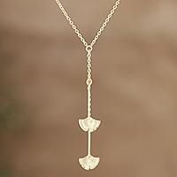 Gold plated sterling silver Y-necklace, 'Delicate Ginkgo' - Y-Necklace with Leaf Motif Pendants