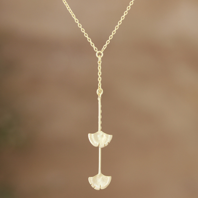 Collar Y de plata de primera ley bañada en oro - Collar en Y con colgantes con motivos de hojas