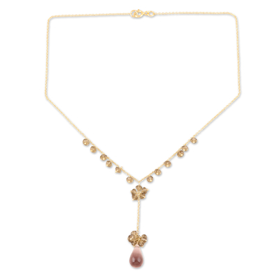 Gold-plated amethyst and smoky quartz Y-necklace, 'Pretty One' - Y-Necklace with Amethyst and Smoky Quartz