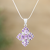 Amethyst pendant necklace, 'Royal India' - Four-Leafed Sterling Silver and Amethyst Pendant Necklace