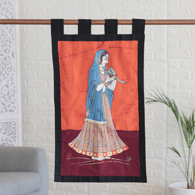 Batik cotton wall hanging, 'Princess of Jaipur' - Batik Cotton Wall Hanging with Woman and Bird