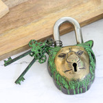 Brass lock and key set, 'Hear Me Roar' (3 pieces) - Brass Lock and Key Set with Lion Motif (3 Pieces)