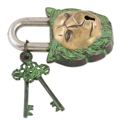 Brass lock and key set, 'Hear Me Roar' (3 pieces) - Brass Lock and Key Set with Lion Motif (3 Pieces)