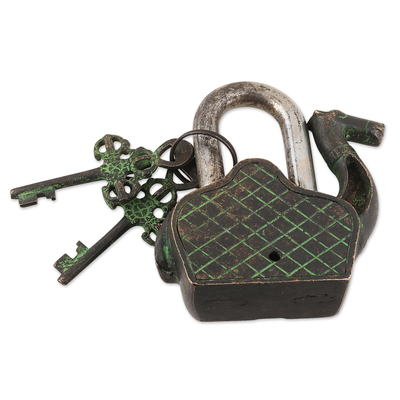 Brass lock and key set, 'Desert Friend' (3 pieces) - Brass Lock and Key Set with Camel Motif (3 Pieces)