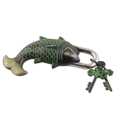 Brass lock and key set, 'Water Queen' (3 pieces) - Brass Lock and Key Set with Fish Motif (3 Pieces)