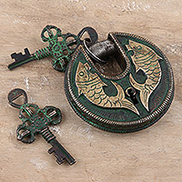 Brass lock and key set, 'Royal Pond' (3 pieces)