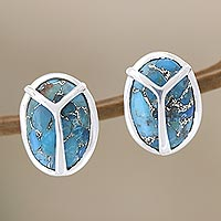 Sterling silver button earrings, 'Make Peace in Blue' - Sterling Silver Button Earrings with Peace Sign Motif