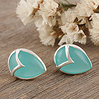 Chalcedony button earrings, 'Water Drop in Green' - Hand Made Chalcedony and Sterling Silver Button Earrings