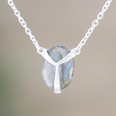 Labradorite pendant necklace, 'Air Kiss in Iridescent' - Indian Labradorite and Sterling Silver Pendant Necklace