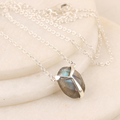 Labradorite pendant necklace, 'Air Kiss in Iridescent' - Indian Labradorite and Sterling Silver Pendant Necklace