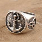 Men's sterling silver signet ring, 'Nautical Friendship' - Men's Sterling Silver Signet Ring with Nautical Motif