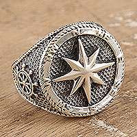 Men's sterling silver signet ring, 'Guiding Center' - Men's Sterling Silver Signet Ring with Compass Rose