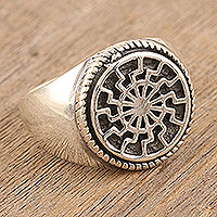 Men's sterling silver signet ring, 'Creative Mandala' - Men's Sterling Silver Signet Ring with Mandala Motif