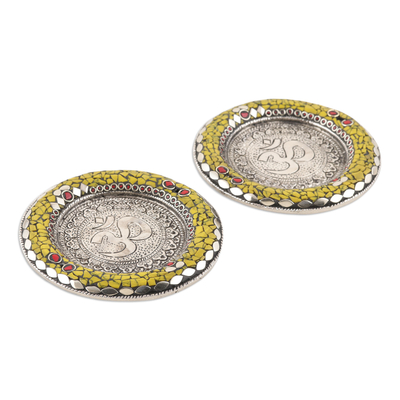 Aluminum incense holders, 'Haryana Om' (pair) - Mosaic Motif Incense Holders (Pair)