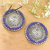 Aluminum incense holders, 'Rewari Om' (pair) - Artisan Crafted Aluminum incense Holders (Pair)