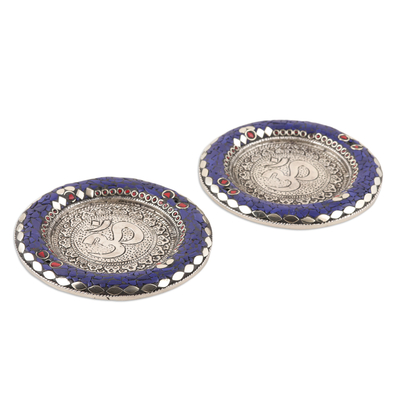 Aluminum incense holders, 'Rewari Om' (pair) - Artisan Crafted Aluminum incense Holders (Pair)