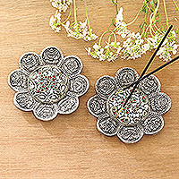 Aluminum incense holders, 'Haryana Mosaic' (pair) - Flower-Shaped Aluminum Incense Holders (Pair)