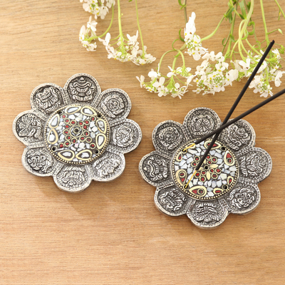 aluminium incense holders, 'Haryana Mosaic' (pair) - Flower-Shaped aluminium Incense Holders (Pair)
