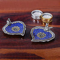 Aluminum incense holders, 'Blue Betel' (pair) - Blue Resin Mosaic Incense Holders (Pair)