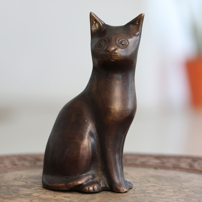Verkupferte Statuette - Handgefertigte Katzenstatuette aus verkupfertem Messing