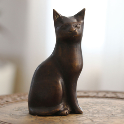 Verkupferte Statuette - Handgefertigte Katzenstatuette aus verkupfertem Messing