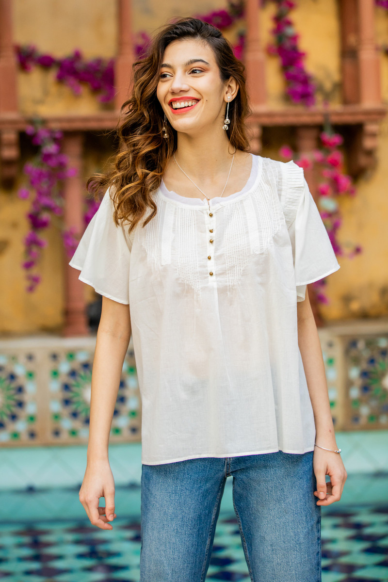 Short-Sleeved White Cotton Voile Blouse - Flutter | NOVICA