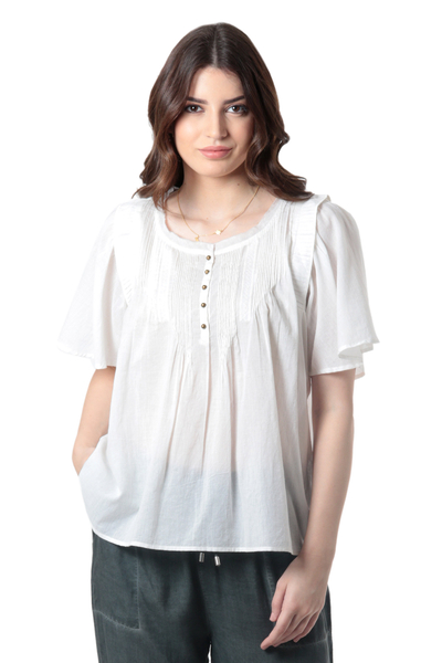 Bluse aus Baumwoll-Voile - Kurzärmlige Bluse aus weißem Baumwoll-Voile