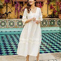 Cotton-linen blend a-line dress, 'Picnic Lace' - Cotton-Linen Blend A-Line Dress with Lace Detailing