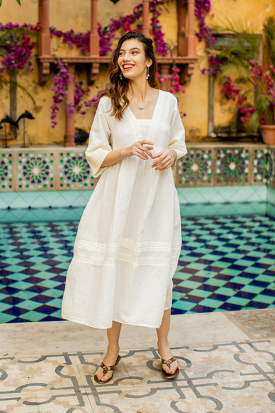 Cotton-linen blend a-line dress, 'Picnic Lace' - Cotton-Linen Blend A-Line Dress with Lace Detailing