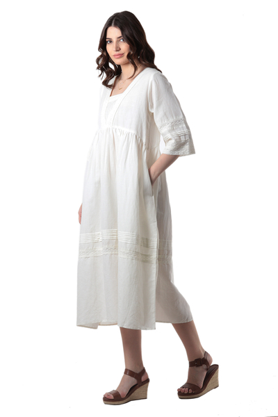 A-Linien-Kleid aus Baumwoll-Leinen-Mischung - A-Linien-Kleid aus Baumwoll-Leinen-Mischung mit Spitzendetails