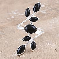 Onyx cocktail ring, 'Midnight Tree' - Black Onyx and Sterling Silver Cocktail Ring