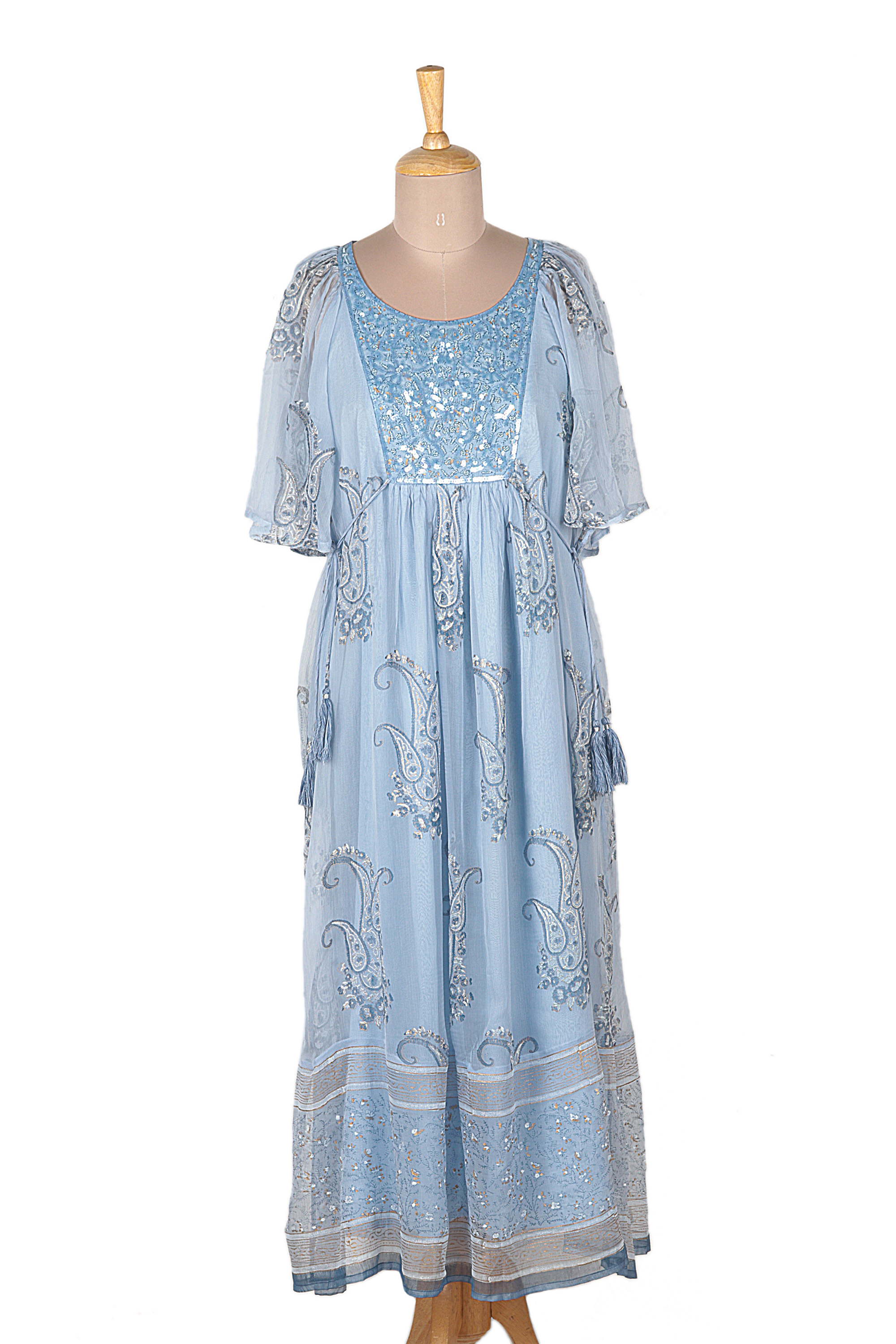 Embellished Block-Printed Viscose Chiffon Dress - Blue Sophistication ...
