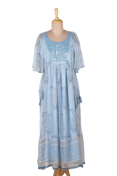 Block-printed viscose empire waist dress, 'Blue Sophistication' - Embellished Block-Printed Viscose Chiffon Dress