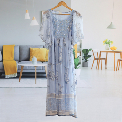 Block-printed long dress, 'Elegant Entrance' - Embellished Block-Printed Viscose Chiffon Dress