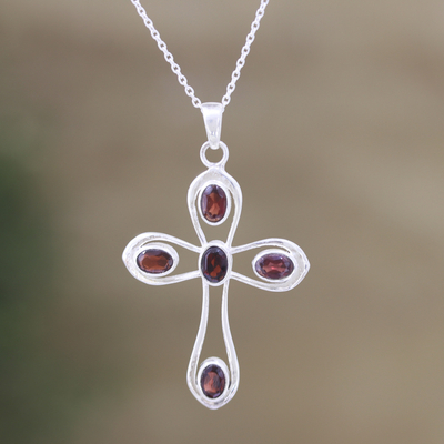Garnet pendant necklace, 'High Faith' - Sterling Silver and Garnet Pendant Necklace with Cross Motif