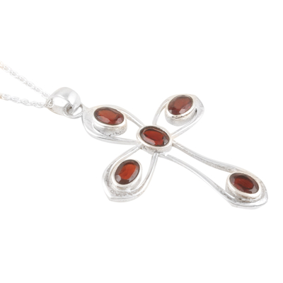 Garnet pendant necklace, 'High Faith' - Sterling Silver and Garnet Pendant Necklace with Cross Motif